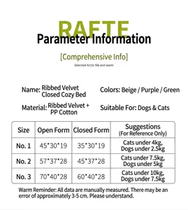 Detailed size chart and material specifications for a warm enclosed pet bed for cats and dogs.