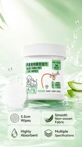 Detailed macro view of 130 count aloe vera pet eye wipes jar with water splash backdrop