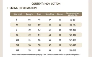 Tabella delle taglie dettagliata per maglietta in cotone 220g con diverse misurazioni