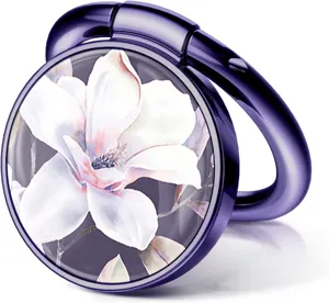 Detailed view of a purple phone ring holder with a white magnolia flower design.