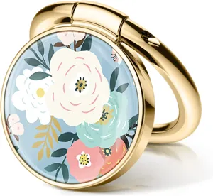 Detailed view of a golden phone ring holder with a delicate floral epoxy design