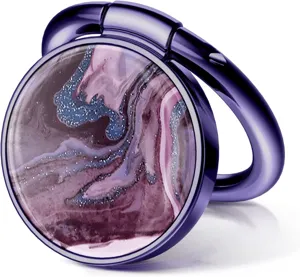 Close-up of a premium purple metal phone ring holder with a marble epoxy glitter design
