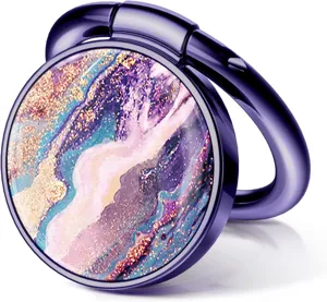 Macro view of purple metallic phone ring holder with abstract marble glitter inlay