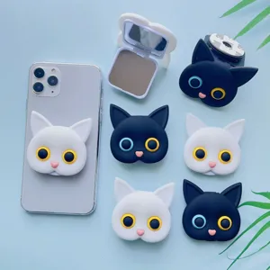 Cute Cartoon Cat Head Phone Grip With Integrated Makeup Mirror Foldable Expanding Stand Silicone Phone Holder For Women