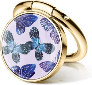 Close-up of a gold-finish phone ring holder featuring a detailed blue butterfly design.