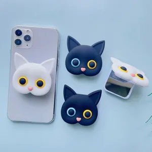 Cute cartoon black and white cat phone socket grip with built-in folding makeup mirror