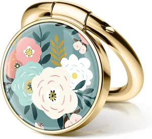 Detailed view of golden round phone ring holder featuring colorful floral pattern design