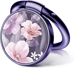 Close-up detail of purple floral phone ring holder with high-gloss epoxy finish