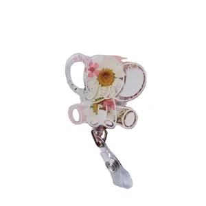 Portabadge a forma di elefante retrattile con veri fiori secchi in fibbia di resina