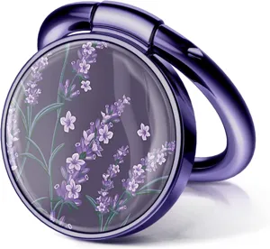 Macro view of metallic purple phone ring holder with detailed lavender floral pattern