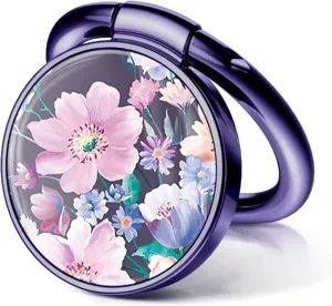Detailed macro view of a metallic purple phone ring holder with pink floral resin pattern