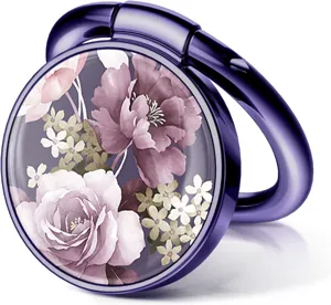 Detailed macro view of a purple floral pattern mobile phone ring buckle stand