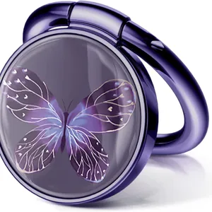 Elegant purple butterfly pattern phone ring holder stand with metallic violet finish