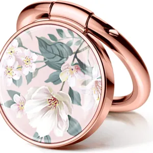 Elegant rose gold phone ring holder bracket featuring a beautiful floral blossom pattern
