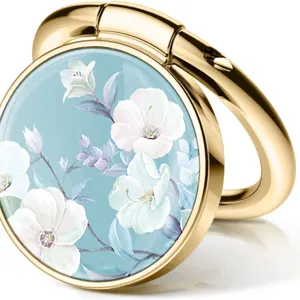 Elegant gold floral phone ring holder with blue lily pattern background