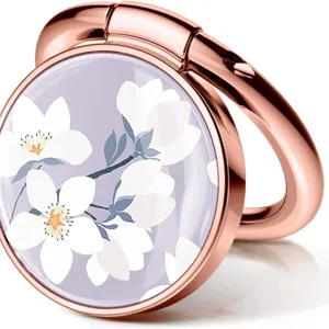 Rose gold phone ring holder with elegant white flower magnolia pattern design