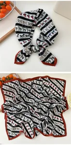 Cotton linen square scarf with classic horse harness print and brown border neckerchief chic