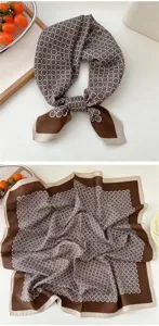 Brown geometric chain pattern cotton linen square scarf, elegant neckerchief for women spring.