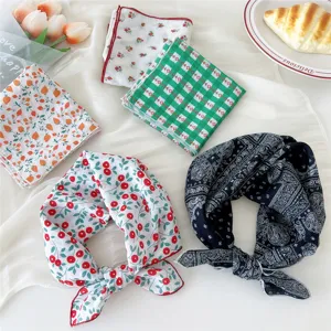 Cotton Linen Square Scarf Japanese Fresh Floral Polka Dot Headscarf Versatile Lightweight Neck Scarf Accessory