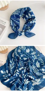 Cotton linen small square scarf blue botanical print neckerchief vintage headband accessory