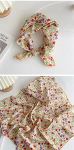 Floral cotton linen small square scarf womens vintage neckerchief stylish hair band decor