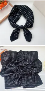Black and white polka dot square scarf, cotton linen material, versatile neckerchief acc.