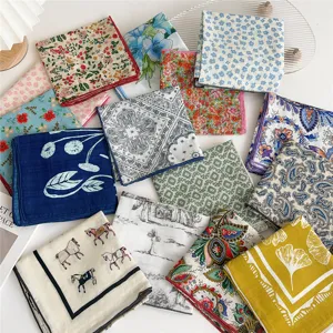 Cotton linen small square scarf vintage floral paisley bandana stylish neckerchief hair band.