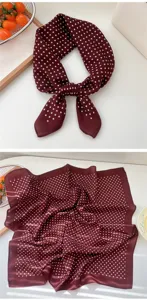 Burgundy polka dot scarf detail view, elegant square neckerchief spread and tied.