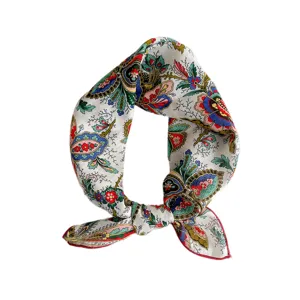 Cotton linen floral square scarf for women, retro vintage style neck scarf hair band.
