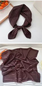 Brown polka dot cotton linen square scarf, chic neckerchief and stylish decorative shawl.