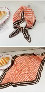 Pleated square scarf for women, elegant geometric printed silk feel neckerchief for spring.