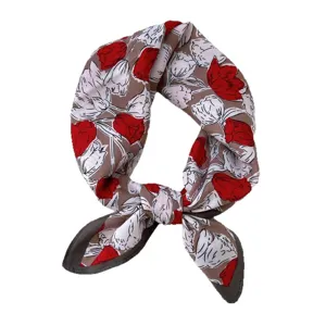 Cotton linen floral small square scarf for women, elegant neckerchief for spring and autumn.