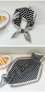 Pleated square scarf for women, black and white geometric print chic neckerchief accessory.