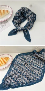 Blue pleated square scarf vintage printed women fashion elegant neckerchief hair band.
