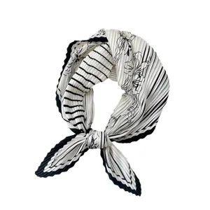 Black and white pleated square silk scarf elegant floral print fashion women neckerchief