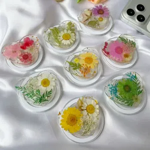 Soporte para Teléfono en Forma de Corazón Resina Goteo Flores Secas Magnético Agarre Anillo Soporte Decoración Pan de Oro Mujer