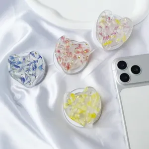 Minimalist Transparent Resin Heart Grip Tok Stand Holder Real Dried Flowers Gold Foil Foil Magnetic Cell Phone Socket Bracket Grip