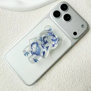 Supporto per cellulare a forma di orso 3D con petali di fiori secchi blu interni