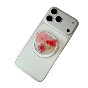 Soporte magnético para móvil con forma de corazón y flores secas reales en resina clara