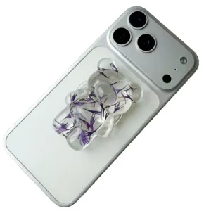 Supporto per telefono a forma di orso 3D in resina con fiori secchi viola per smartphone