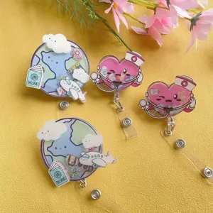 Detailed view of cute acrylic retractable badge reels with nurse and travel themes