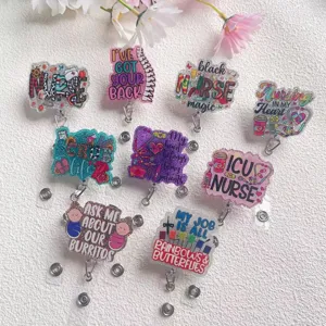 Glitzer Acryl Ausziehbarer Ausweishalter ICU Krankenschwester Scrub Life Personal ID-Kartenhalter Name Badge Clip Für Büro