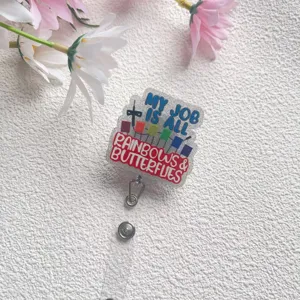 Ausziehbarer Glitzer-Ausweishalter mit Regenbogen- und Schmetterlings-Medizin-Slogan