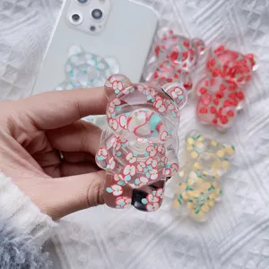 3D Cute Cartoon Bear Transparent Resin Phone Expanding Stand Grip Tok For Mobile Phone Tablet Foldable Desktop Pop Grip Support Holder