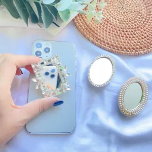 Luxuriöser faltbarer Handyhalter mit Kristall- und Perlenspiegel für moderne Smartphones