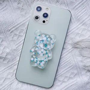 Cute transparent bear epoxy phone grip with small flower pattern for back of phone
