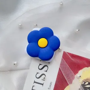 Intrekbare telefoonhouder in de vorm van een blauwe bloem met opklapbare spiegel voor op bureau
