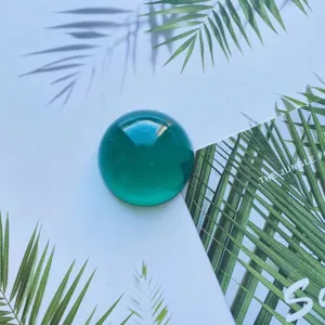 Primo piano dell'accessorio per telefono a cupola verde trasparente su foglie tropicali