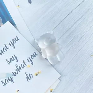 Close-up of a cute frosted translucent bear-shaped phone socket on a white card