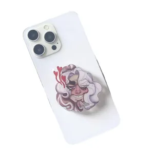Artistic cartoon character acrylic phone socket grip holder with heart accents on white phone